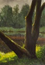 Acrylic painting large tree on river background in the forest