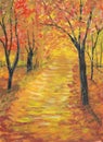 Acrylic painting nature background of forest with trees and way on paper. landscape. illustration for spring, autumn or fall. Royalty Free Stock Photo