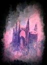 Acrylic painting on paper, purple castle, abstract