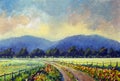 Acrylic painting sunny landscape. Illustration blooming road to the mountains