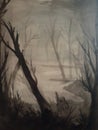 Acrylic painting, swamp and bare trees