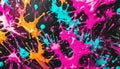 Acrylic splashes on a black background. Colorful paint stains. Rainbow design of neon spots. Top view of abstract colorful spots. Royalty Free Stock Photo