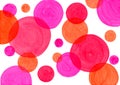 Acrylic or watercolor red, orange, fuchsia colors hand painted circles of different diameters.