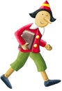 A cute Pinocchio carries a book under his arm and goes to school