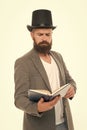Acting school. Practicing acting. Recite verses. Poet or writer. Author of novel. Inspired bearded man read book. Poetry Royalty Free Stock Photo