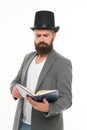 Acting school. Practicing acting. Recite verses. Poet or writer. Author of novel. Inspired bearded man read book. Poetry Royalty Free Stock Photo