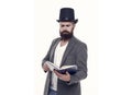 Acting school. Practicing acting. Recite verses. Poet or writer. Author of novel. Inspired bearded man read book. Poetry Royalty Free Stock Photo