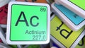 Actinium Ac block on the pile of periodic table of the chemical elements blocks. 3D rendering