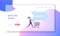 Action AIDA Step Website Landing Page. Happy Woman Buyer Pushing Shopping Cart. Attention Interest Desire Stages