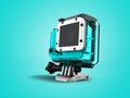Action camera in blue hood attachment 3d rendering on blue background with shadow Royalty Free Stock Photo
