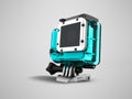 Action camera in blue hood attachment 3d rendering on gray background with shadow Royalty Free Stock Photo