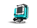 Action camera in blue hood attachment 3d rendering on white back Royalty Free Stock Photo