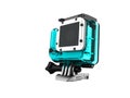 Action camera in blue hood attachment 3d rendering on white back Royalty Free Stock Photo