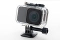 Action camera isolated on a white background. Camera for footage 4k movies, sports and domestic life.