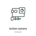 Action camera outline vector icon. Thin line black action camera icon, flat vector simple element illustration from editable Royalty Free Stock Photo