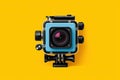 Action camera in waterproof case on yellow background Royalty Free Stock Photo
