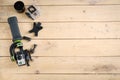 Action camera on the wooden table with a stabilizer Royalty Free Stock Photo