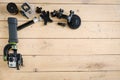 Action camera on the wooden table with a stabilizer Royalty Free Stock Photo