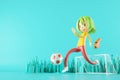 Action cartoon 3d character. boy in sports action. 3d illustrator. colorful human design. happy face. sport object rendering.