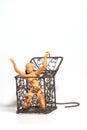Action figure sitting and hold two hands above the head in open steel cage on isolate background, Concept of tolerance in comfort