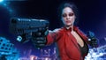 Action girl with guns, woman in red leather suit shooting hand weapons in the night city, front view, 3D render