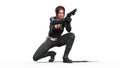 Action girl shooting guns, redhead woman in leather suit with hand weapons crouching on white background, 3D render