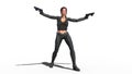 Action girl shooting guns, redhead woman in leather suit with hand weapons standing on white background, 3D render