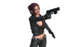 Action girl shooting guns, redhead woman in leather suit holding hand weapons on white background, 3D render