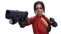 Action girl shooting guns, woman in red leather suit with hand weapons isolated on white background, front view, 3D render