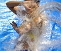 action image of woman shielding from torrent of water.