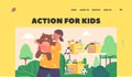 Action for Kids Landing Page Template. Girl Taking Free Toys from Donation Box, Children Social Support and Assistance