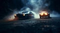 Action movie concept. Police cars and miniature movie set on dark toned background with fog. Police car chasing a car at night.