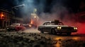 Action movie concept. Police cars and miniature movie set on dark toned background with fog. Police car chasing a car at night.