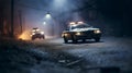 Action movie concept. Police cars and miniature movie set on dark toned background with fog. Police car chasing a car at night.