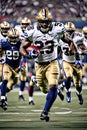 an action-packed image of an NFL running back breaking through the defensive line and sprinting towards the end zone, leaving a Royalty Free Stock Photo