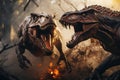 An action-packed image showcasing two mighty dinosaurs engaged in an epic battle for territorial dominance, highlighting the raw