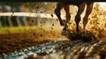 An action-packed scene of hooves thundering down a dirt road at the Kentucky Derby. Flying clods of earth convey the