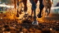 An action-packed scene of hooves thundering down a dirt road at the Kentucky Derby. Flying clods of earth convey the