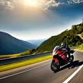 An action-packed scene of a sports bike through a winding mountain road Royalty Free Stock Photo