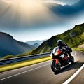 An action-packed scene of a sports bike through a winding mountain road Royalty Free Stock Photo