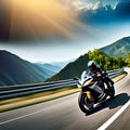 An action-packed scene of a sports bike through a winding mountain road Royalty Free Stock Photo