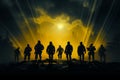 In action packed scenes, Shadowed Heroes portray army soldier silhouettes Royalty Free Stock Photo