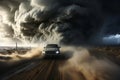 An action-packed shot of storm chasers pursuing extreme weather conditions, capturing the thrill and dedication of those seeking