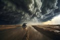 An action-packed shot of storm chasers pursuing extreme weather conditions, capturing the thrill and dedication of those seeking