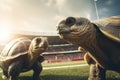 Action-packed stadium race with two turtles competing in an exhilarating battle for victory. Royalty Free Stock Photo