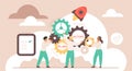Action plan for business project implementation by team, tiny employees move gears