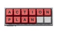 Action plan. Computer keyboard keys spelling.Flat lay view from above on blue background with Computer keyboard keys buttons Royalty Free Stock Photo
