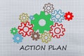 Action plan concept. View of colorful drawing of gears in notepad made by different colors with action plan inscription Royalty Free Stock Photo
