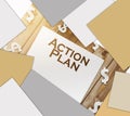 Action plan words, paper signs of dollar on wooden table. Business concept