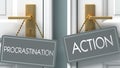 Action or procrastination as a choice in life - pictured as words procrastination, action on doors to show that procrastination